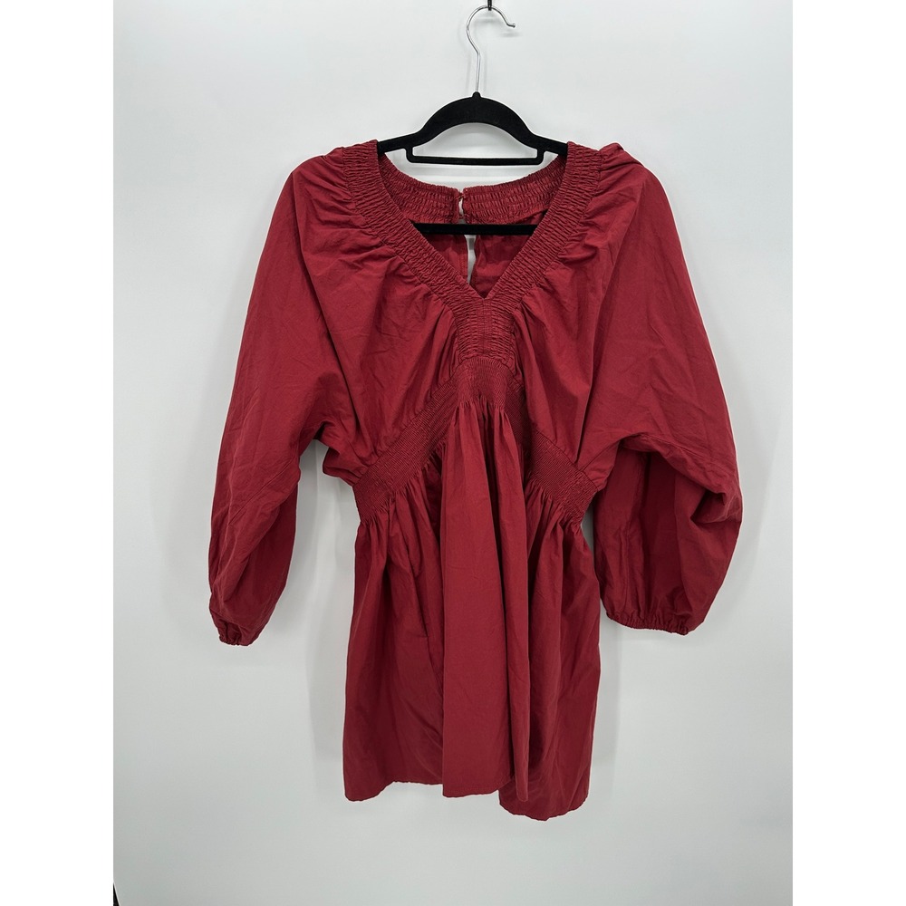 Cottagecore Red Smocked V-Neck Balloon Sleeve 100%‎ Cotton Mini Dress Sz L Boho